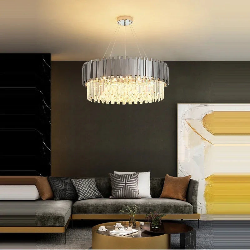 Axyaa Silver Crystal Chandelier: European Classic Pendant Light for Home Decor