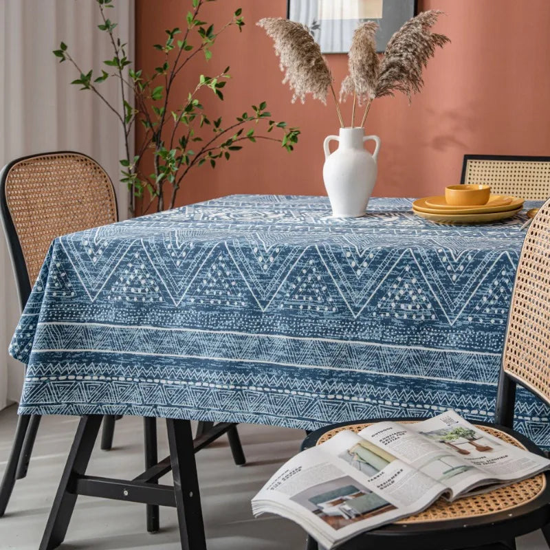 Axya Blue Geometric Triangle Printed Dining Table Cloth Cotton Linen Table Cover