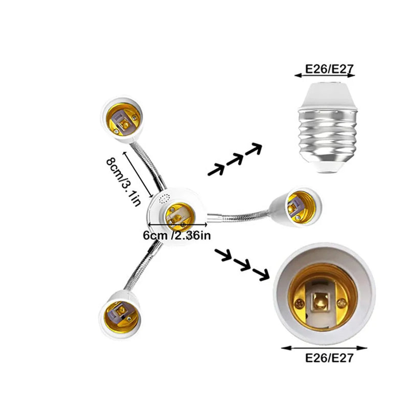 Axyaa 4-in-1 E27 to E26 Light Socket Splitter with Flexible Extension Hose