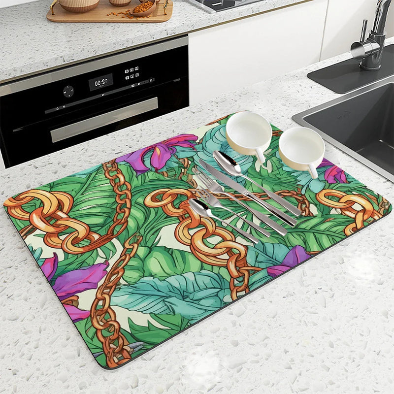 Tropical Palm Drying Mat by Axyaa: Absorbent Anti-Slip Coffee Mat & Table Placemat