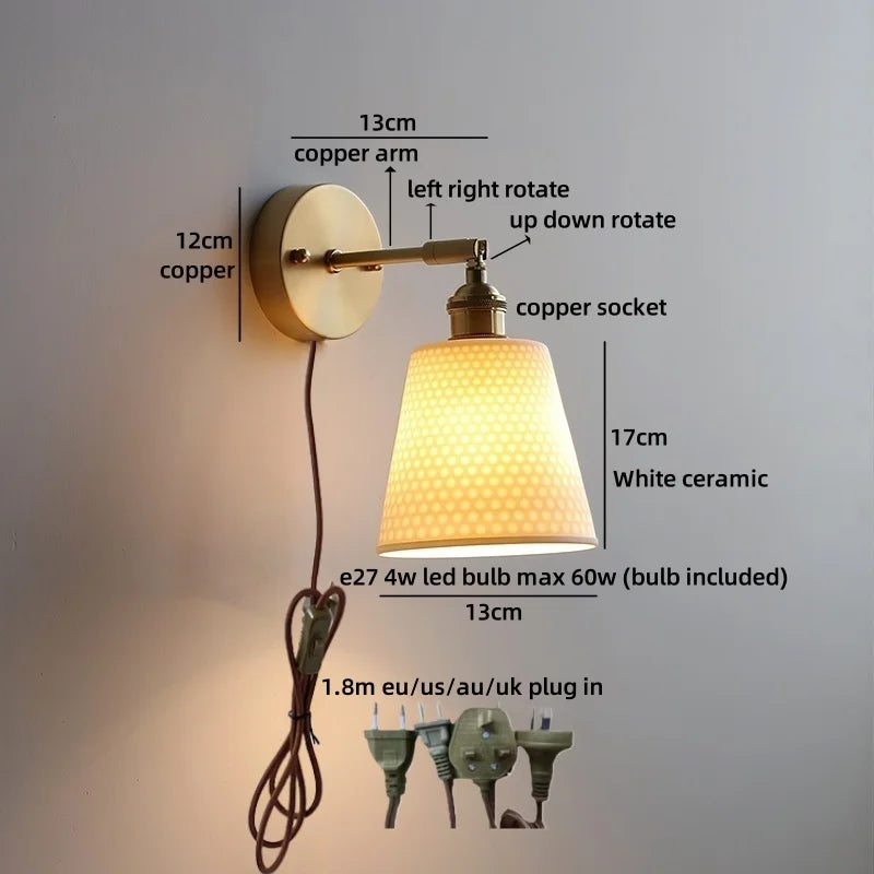 Axyaa Ceramic LED Wall Lamp: Japan Style Gold Brass Arm, Up Down Rotate