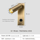 Axyaa Black Brass LED Wall Lamp Sconce with Switch and USB Port, 3W Spotlight