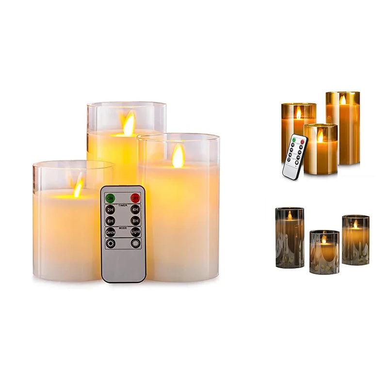 Axya LED Candle Set: Golden Gray Glass, Warm Light, Remote Control, Gift.