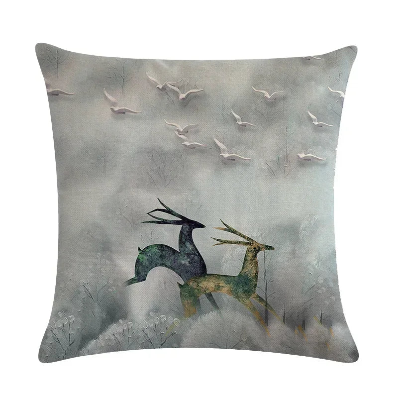 Axyaa Nordic Moose Art Linen Cushion Cover for Home Decor