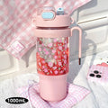 Axyaa 1000ML Plastic Water Bottle with Straw and Handle, Outdoor Sports Camping Double Drink Cup