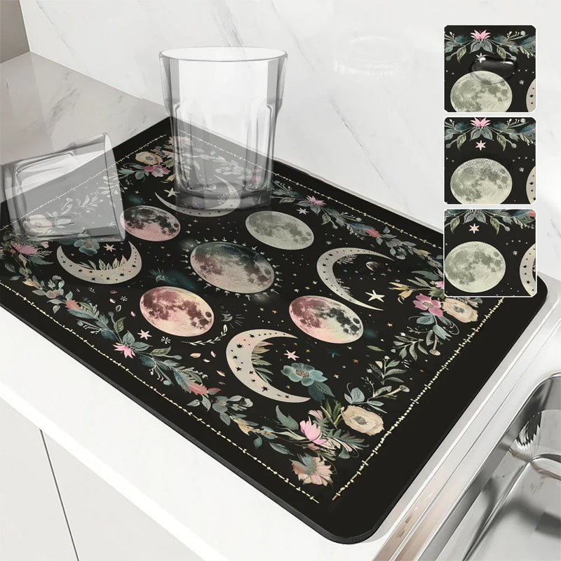 Axyaa Moonlit Flowers Draining Mat: Absorbent, Antiskid, Quick Dry and Super Draining