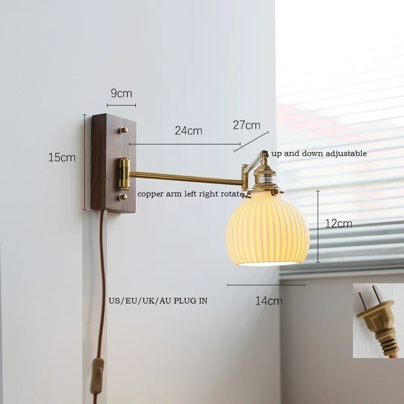 Axyaa Walnut Ash Wood Canopy LED Wall Sconce with Pull Chain Switch