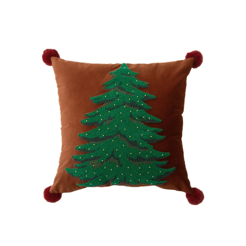 Axyaa Velvet Christmas Pillow Cover Snow Tree Embroidery Rustic Decor