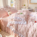 Axyaa Seersucker Ruffle Bedding Set - King/Queen Solid Color Princess Style Cotton Comforter Cover