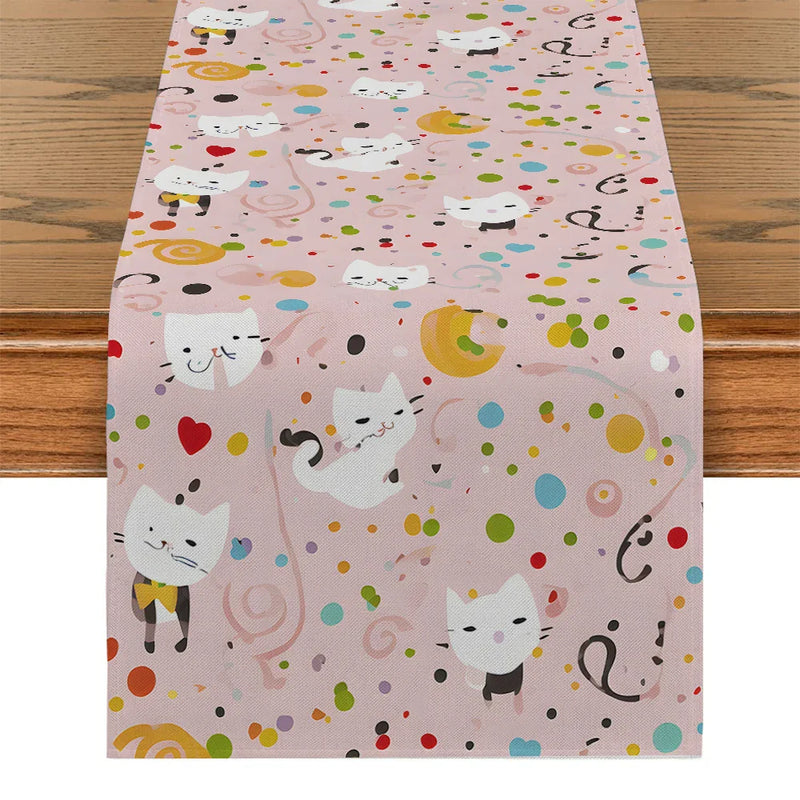 Axyaa Polka Dot Cat Abstract Table Runner for Kitchen Dining Party Decor