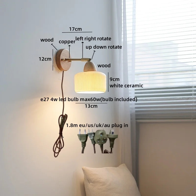 Axyaa White Ceramic LED Wall Sconce – Wooden Socket Stair Wall Light