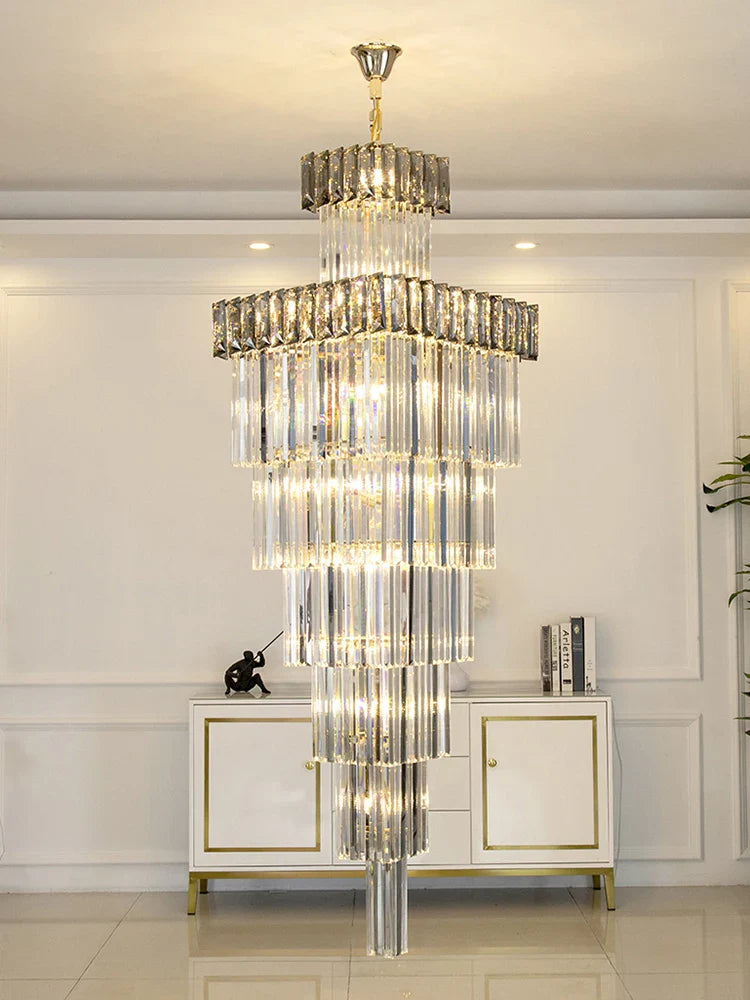 Axyaa Crystal Chandelier: Villa Luxury LED Spiral Staircase Pendant Light