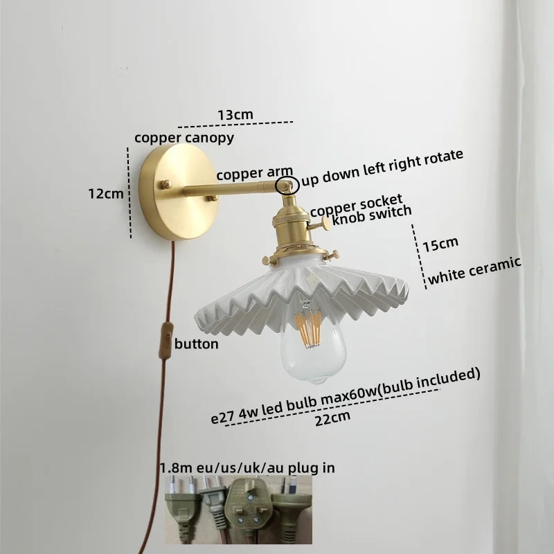 Axyaa Modern Copper Glass LED Wall Sconce Pull Chain Switch Stair Light Fixtures