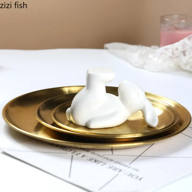Axya Rabbit Cake Plate Ceramic Metal Jewelry Tray Snack Dessert Refreshment Tray