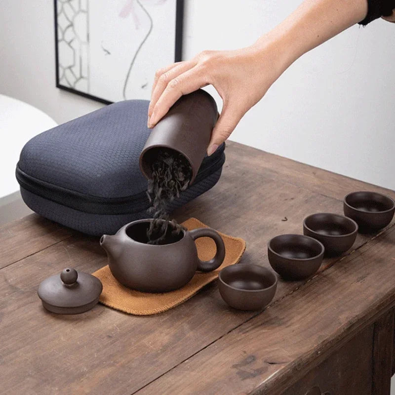 Axya Portable Purple Sand Tea Set: Pot, 4 Cups, Crack Cup, Kung Fu Style
