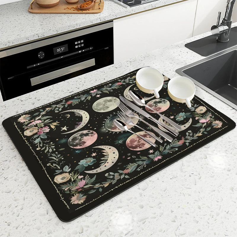 Axyaa Moonlit Flowers Draining Mat: Absorbent, Antiskid, Quick Dry and Super Draining