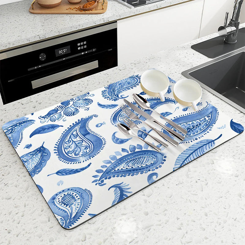 Axyaa Paisley Pattern Absorbent Dish Drying Mat with Rubber Backing