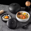 Axyaa Stone Patterned Ceramic Bowl with Lid for Soup, Dessert, Rice & Molecular Cuisine
