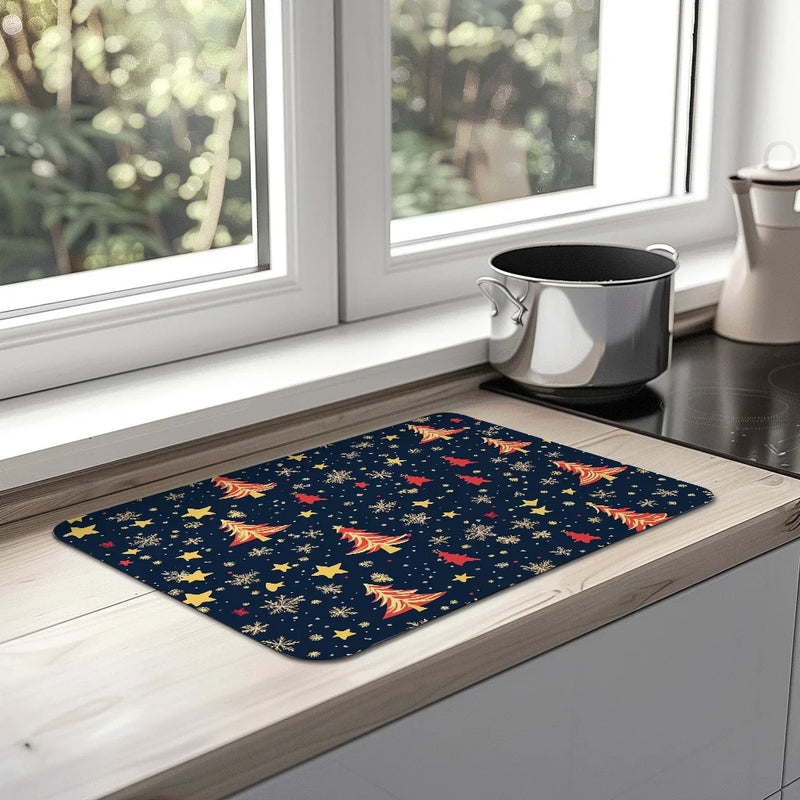 Christmas Tree Snow Stars Drying Mat - Non-Slip Absorbent Kitchen Placemat by Axyaa