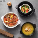 Axyaa Stone Patterned Ceramic Double Ear Soup Bowl - Large Capacity Noodle & Salad Bowl