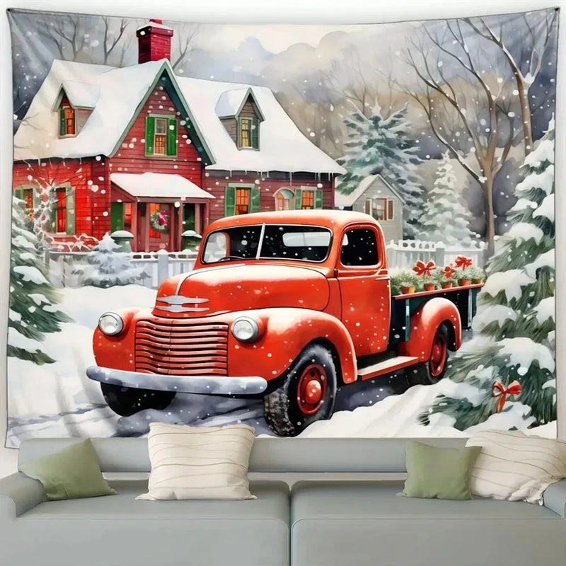 Snowman Car Winter Tapestry for Christmas Day Party Decor by Axyaa