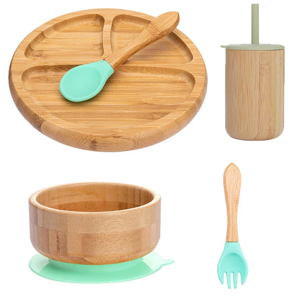 Axya Kids 5Pcs Bamboo Tableware Set with Suction Cup Non-Slip Base