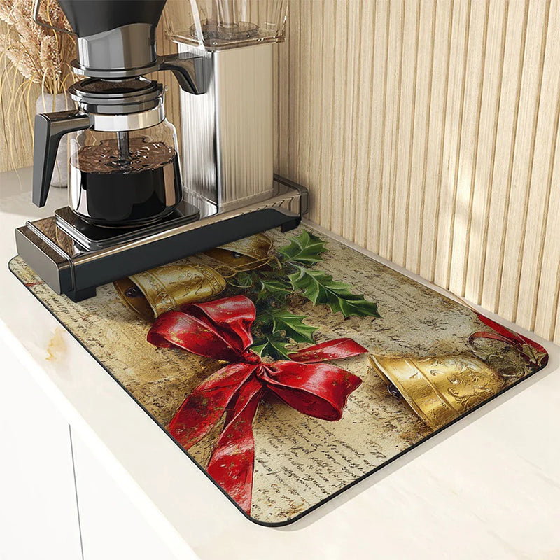 Axyaa Retro Style Christmas Bells & Bows Kitchen Drying Mat
