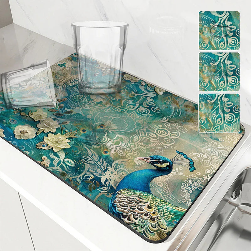 Axyaa Vintage Peacock Draining Mat - Quick Dry Kitchen & Bathroom Drain Pad