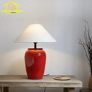 Axyaa Red Ceramics Table Lamp LED E27 Fabric Lampshade, Art Decorative Desk Light