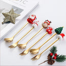 Axyaa Christmas Cutlery Set: Glod Spoon Fork, Elk & Tree Decoration, Dessert Scoop.