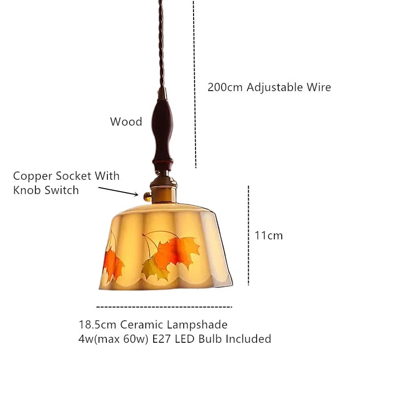 Axyaa White Ceramic Pendant Light Retro Wood Copper LED Hanging Lamp