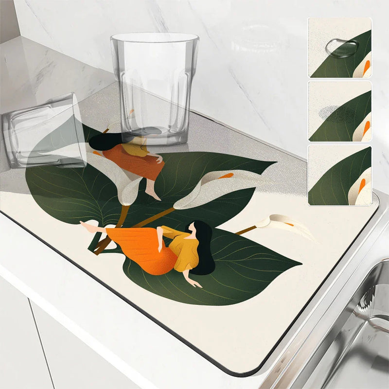 Axyaa Flower Desk Drain Pad Non-slip Kitchen Dish Drying Mat