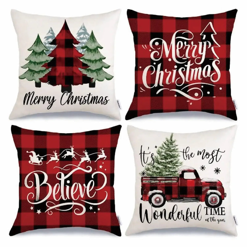 Axyaa Christmas Cushion Cover Set - Joyful Tree Print Sofa Pillowcases, 45x45 Linen Square