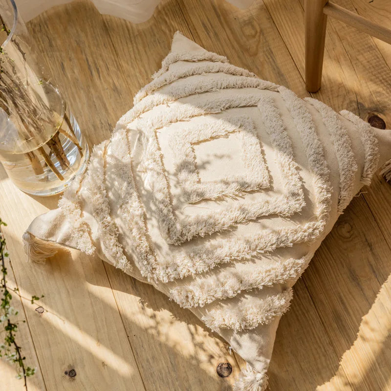 Geometric Tufted Boho Style Pillow Cover with Tassel, 100% Cotton Cushion Cover