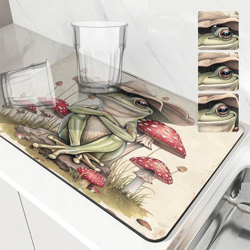 Axyaa Watercolor Frog Mushroom Kitchen Drying Mat