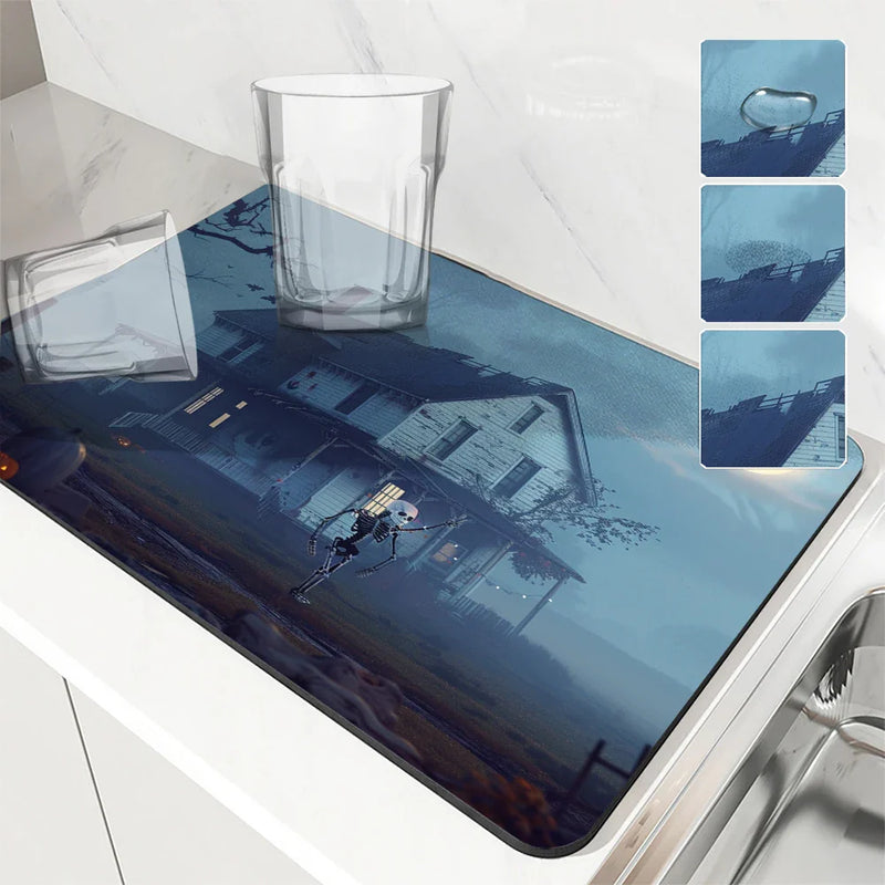 Skeleton Farmhouse Drying Mat by Axyaa: Non-Slip Absorbent Kitchen Counter Mat