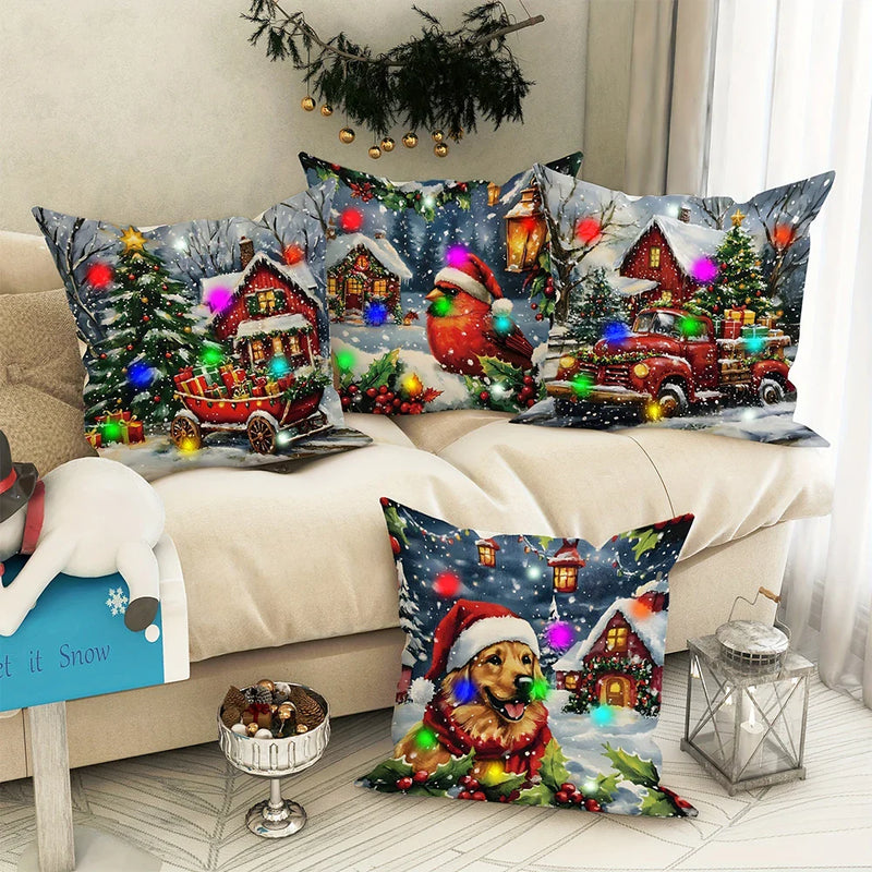 Axyaa LED Light Luminous Pillowcase with Festive Truck Christmas Tree Design