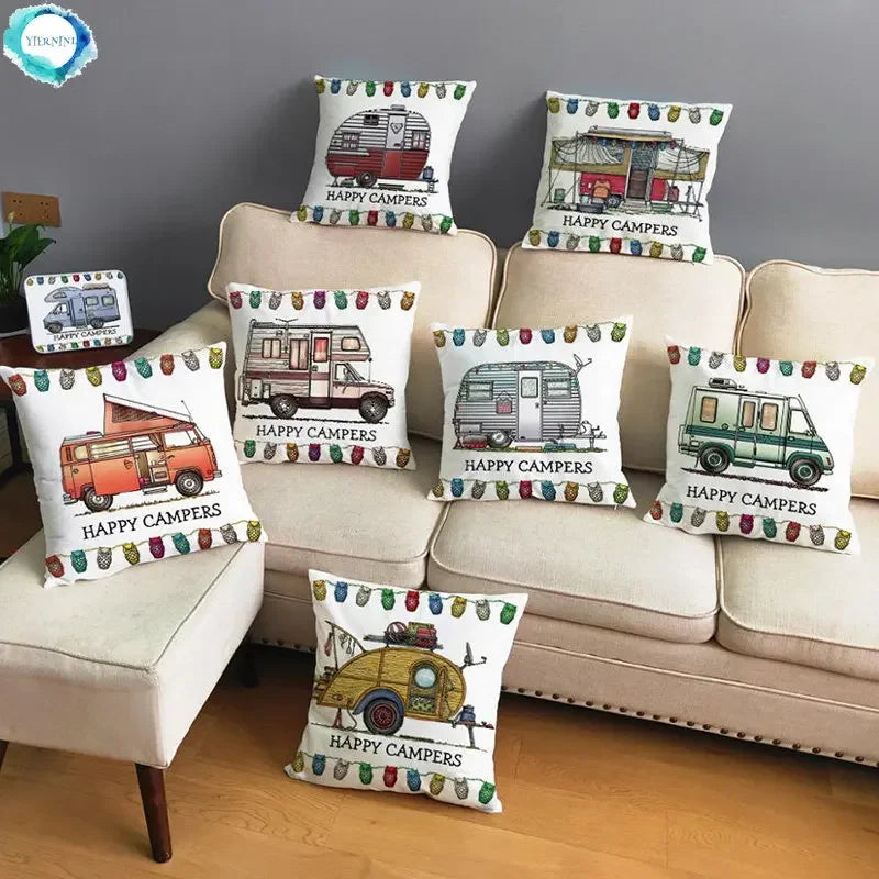 Happy Campers Owl Motorhome Print Pillow Case by Axyaa