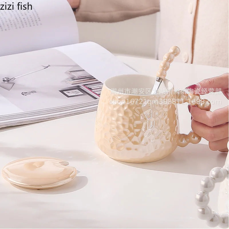 Axya Ceramic Water Cup with Spoon & Cover - Stylish Coffee Milk Tea Mug Gift