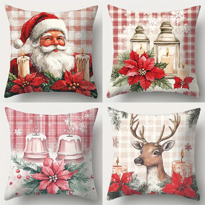 Axyaa Christmas Decor Pillowcase: Santa, Deer, Candle Print Sofa Cushion Cover