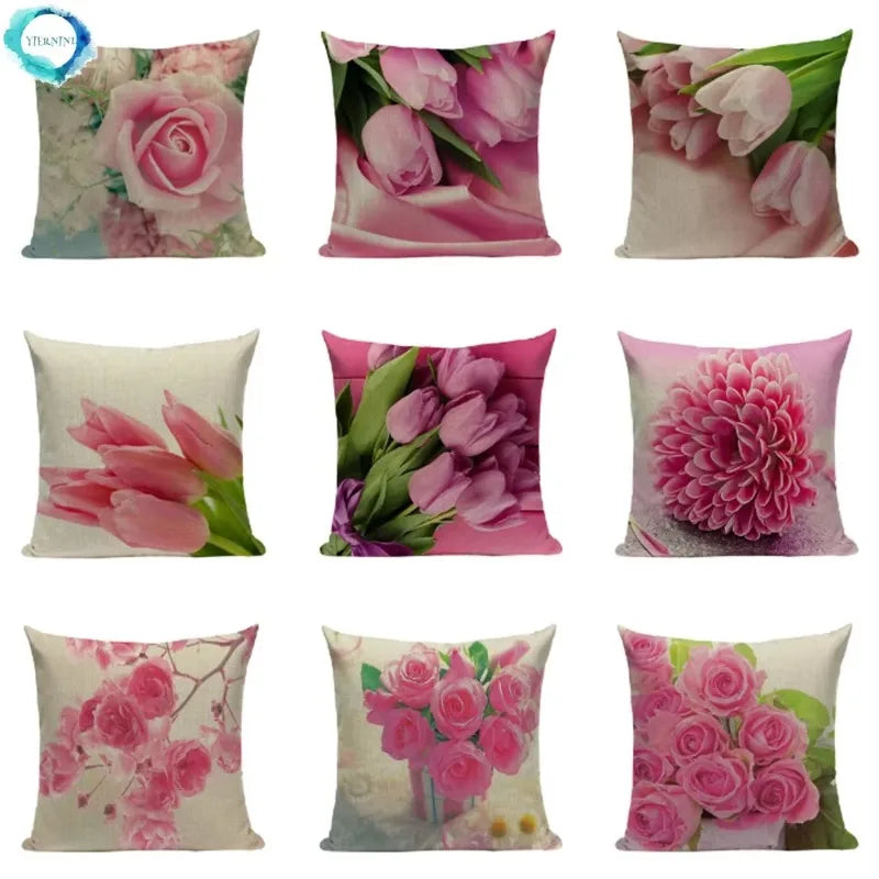 Pink Tulip Linen Cushion Cover - Axyaa 45x45cm Pillowcase