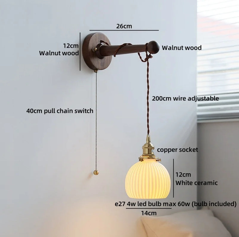 Axyaa Round Ceramic E27 Wall Lamp with Pull Chain Switch and Warm LED Light