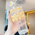 Axyaa Glass Water Bottle with Straw and Lid - 450ml, BPA-Free, Cute Design