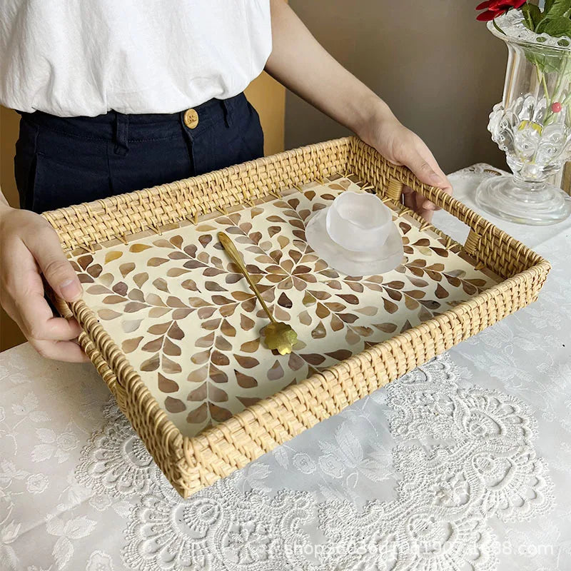 Axya Rattan Shell Storage Tray: Handmade Light Luxury for Home, Restaurant, and Picnics