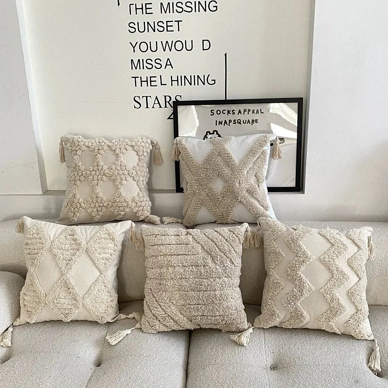 Moroccan Beige Fringe Tufted Pillow Case for Chic Home Decor by Axyaa