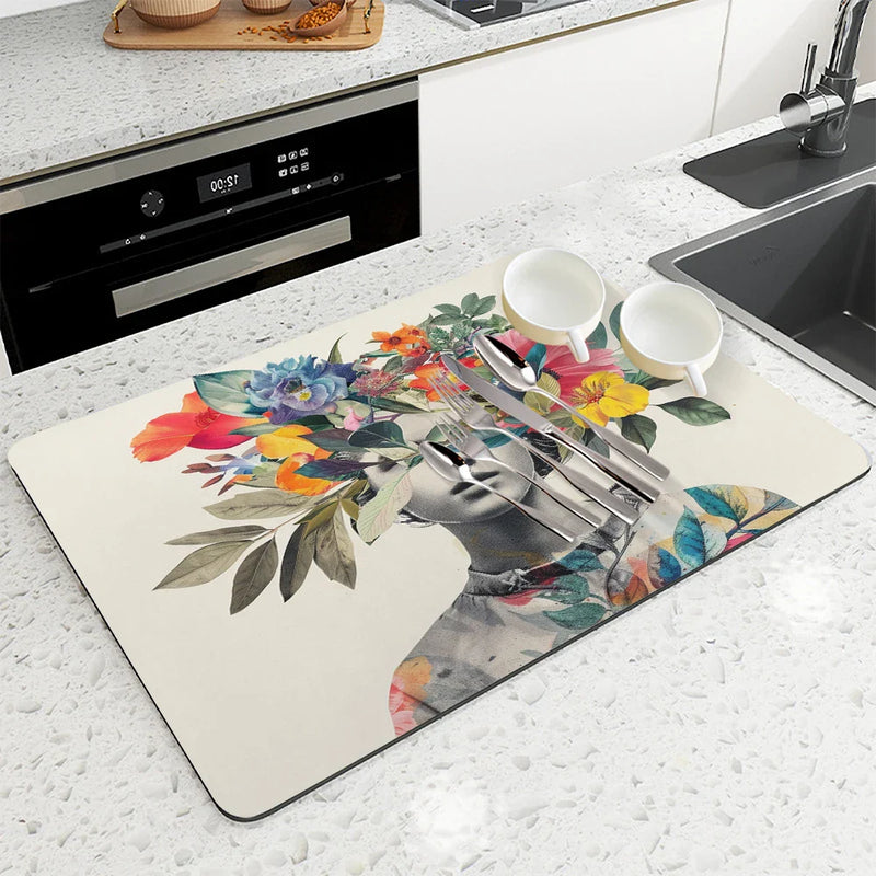 Axyaa Floral Drying Mat: Non-Slip Absorbent Placemat for Kitchen Counters & Tables