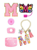 Axyaa Cup Set: Initials Silicone Straw Cap Boot Handle Sticker Charm