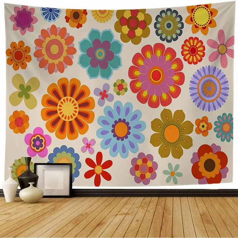 Axyaa Retro Floral Tapestry Wall Hanging: Orange & Green 70's Power Theme
