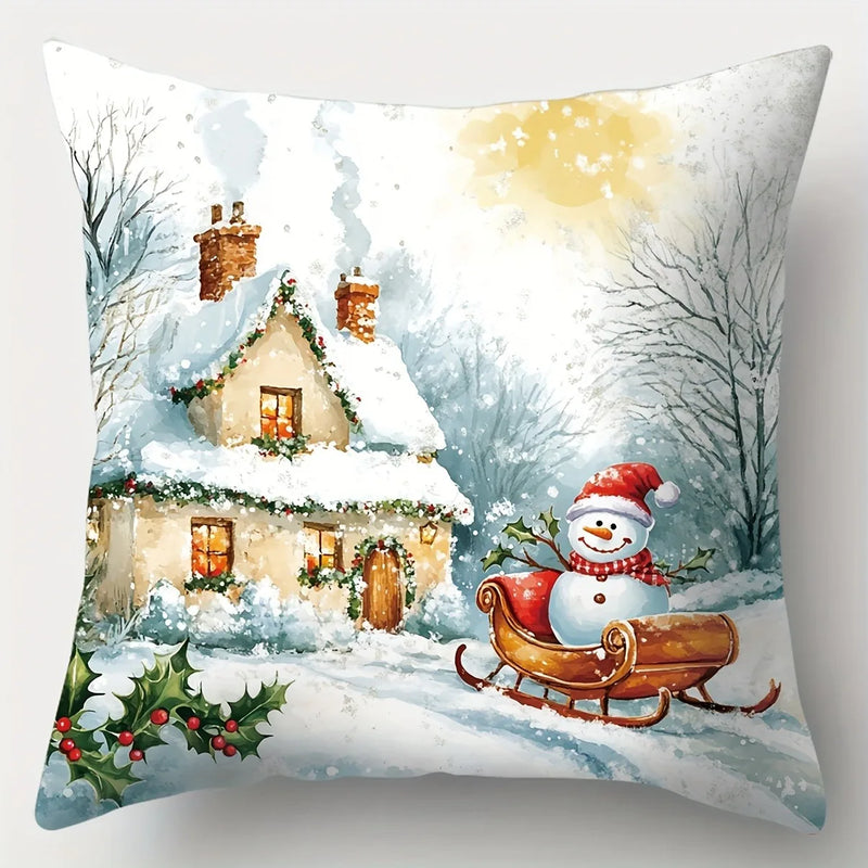 Axyaa Winter Holiday Pillowcase - Festive Snowman & Santa Claus Sofa Cushion Cover
