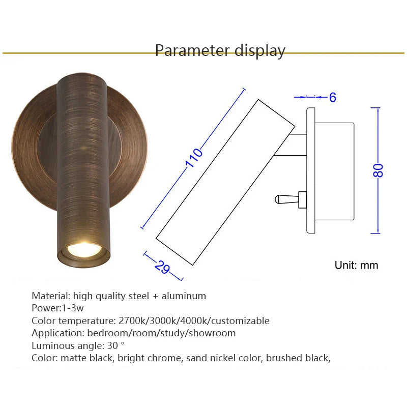 Axyaa 3W Warm White LED Sconce Lights - Switched Wall Decoration for Bed Headboard